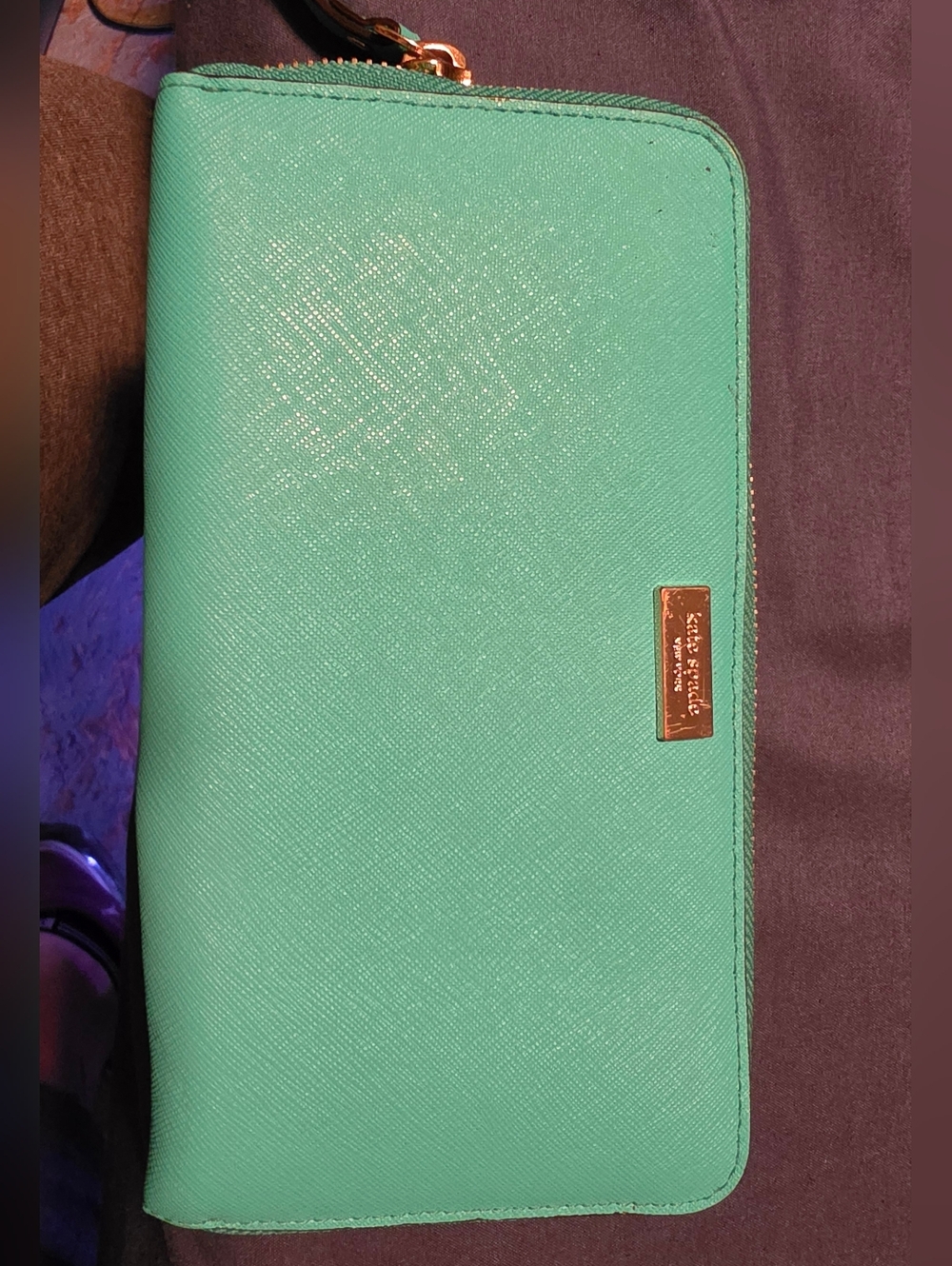 kate spade turquoise zip-around leather wallet with gold hardware
